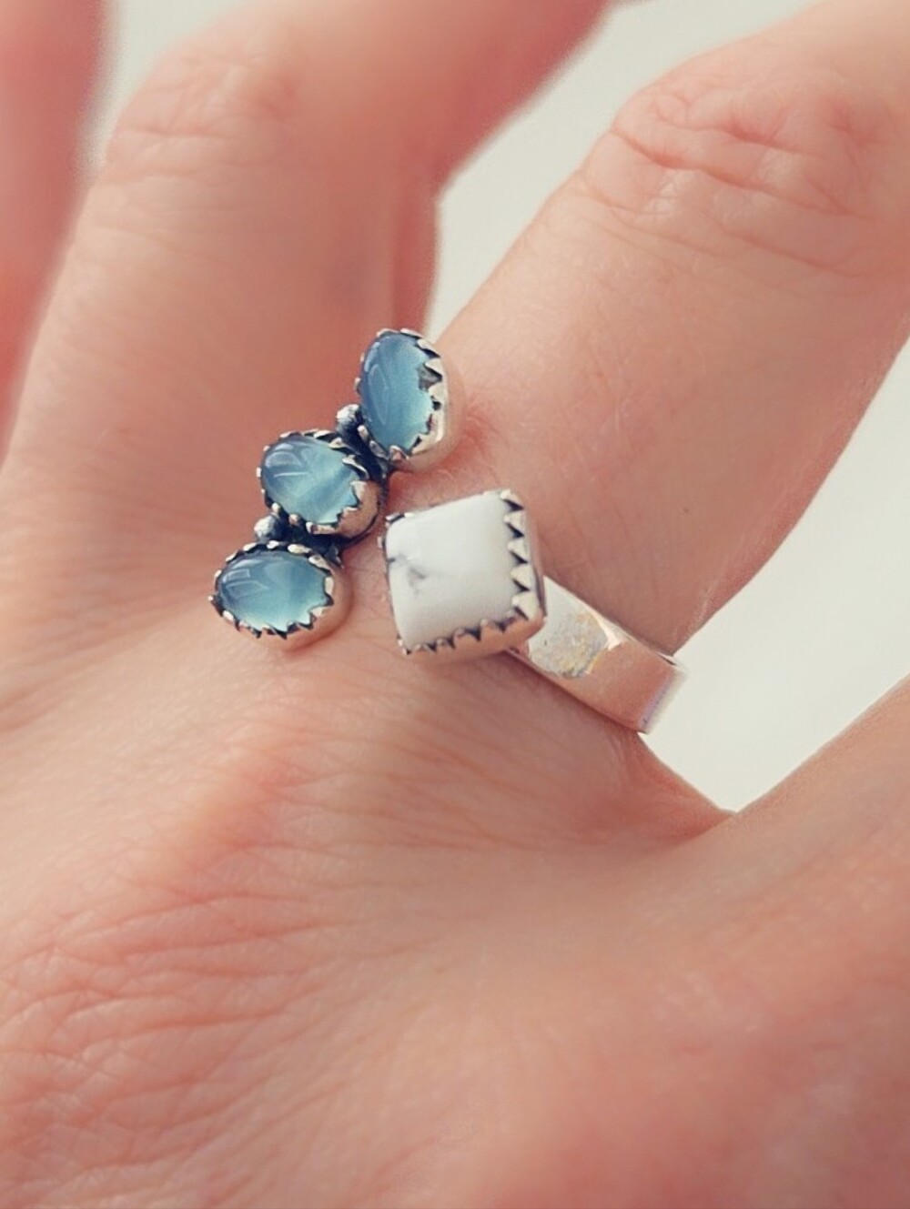 Bypass White Buffalo & Aqua Chalcedony 925 Sterling Silver Gemstone Ring